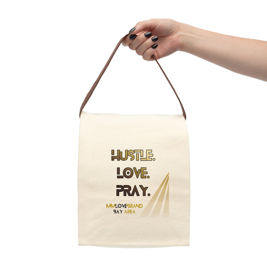 Hustle Love Pray Canvas Lunch Bag with Strap | Christian Faith Apparel | Lunch Bag Collection | MMLoveBrand