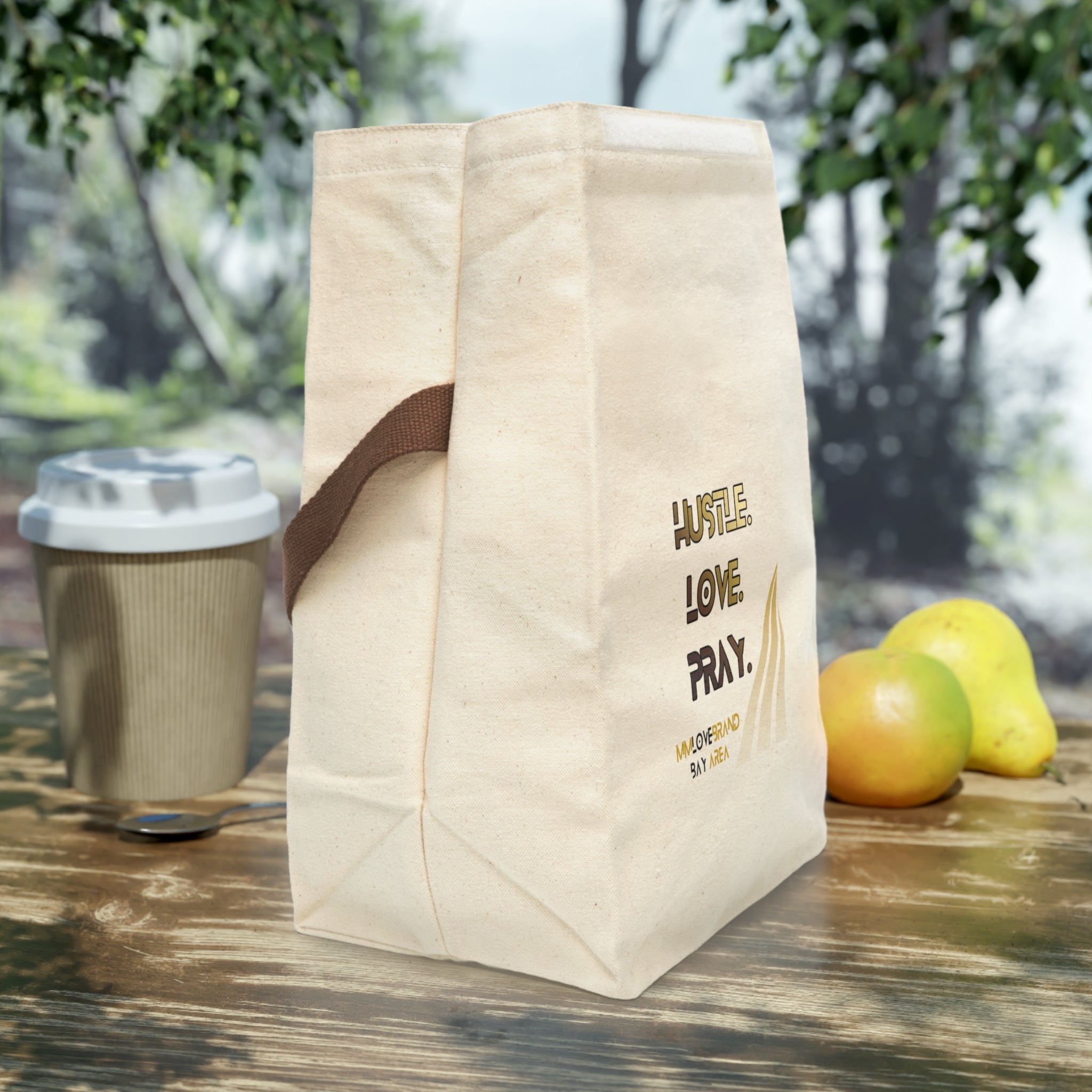 Hustle Love Pray Canvas Lunch Bag with Strap | Christian Faith Apparel | Lunch Bag Collection | MMLoveBrand